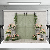Lofaris Boho Green Wood Door Bricks Floral Wedding Backdrop